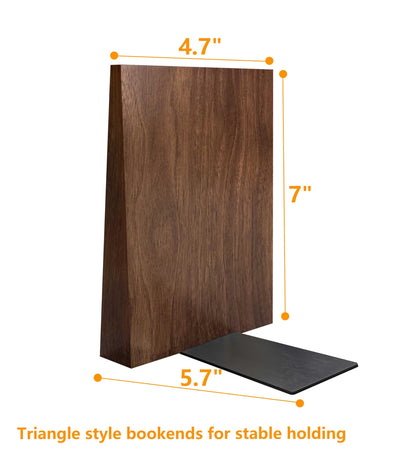 Luxdecor Walnut Book Ends Hold Heavy Books-7x6x5in Wood Bookends for Office Desk Non Skid, Decorative Walnut Bookend 2pack, Triangle Style