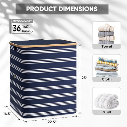 BALEINE Laundry Hamper with Lid, Tall Laundry Baskets with Bamboo Pull Handles