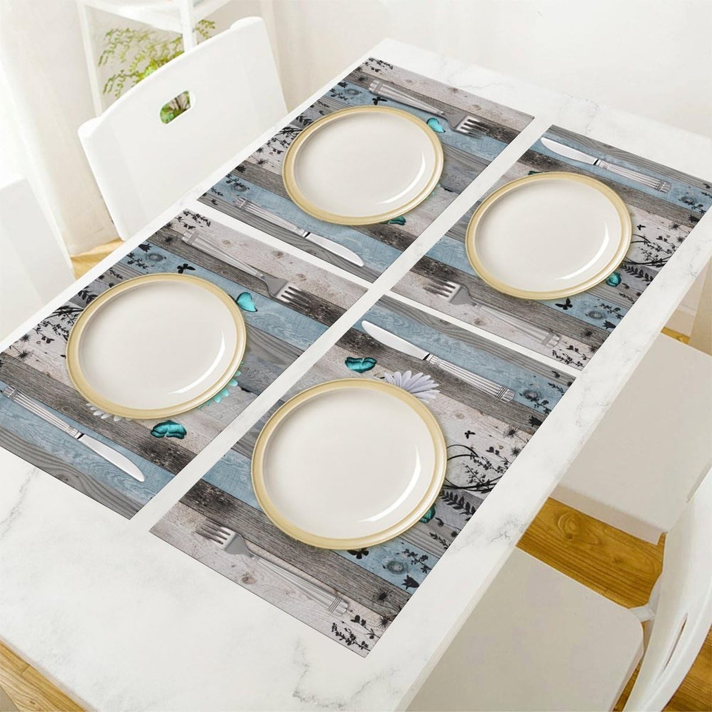 Daisy Floral Placemat Set of 4, 12x18 Inch Rustic Boho Teal Wild Flowers Wooden Butterfly Spring Seasonal Coffee Table Mats for Outdoor Farmhouse Kitchen Dining Table Decoration