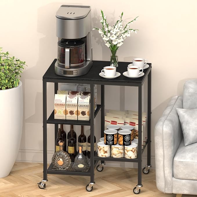 OGEMXU Kitchen Microwave Cart,Microwave Stand with Wheels,Coffee Bar Table Station,4-Tier Rolling Baker's Rack,Small Appliance Storage Shelf,Utility Side Table for Kitchen,Living Room (Black)