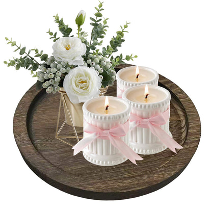 Ailhl Candle Plate Holder Tray: Round Wooden Decorative Candle Plate Small Farmhouse Table Centerpiece Rustic White Wood Tealight Pillar Trays for Home Decor (Distressed)