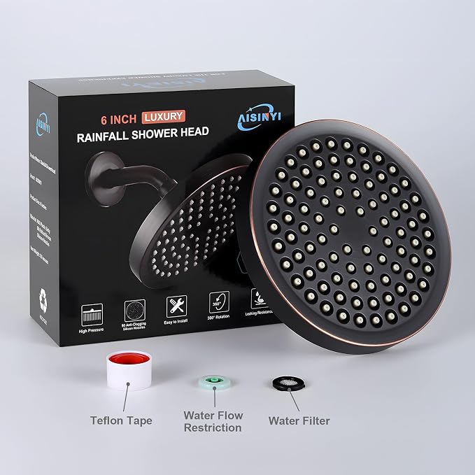 High Pressure Rainfall Shower Head, 6 Inches Modern Showerhead with Perfect Adjustable Replacement, Removable Restrictor, Easy Installation for Your Bathroom Shower Heads (Oil Rubbed Bronze)