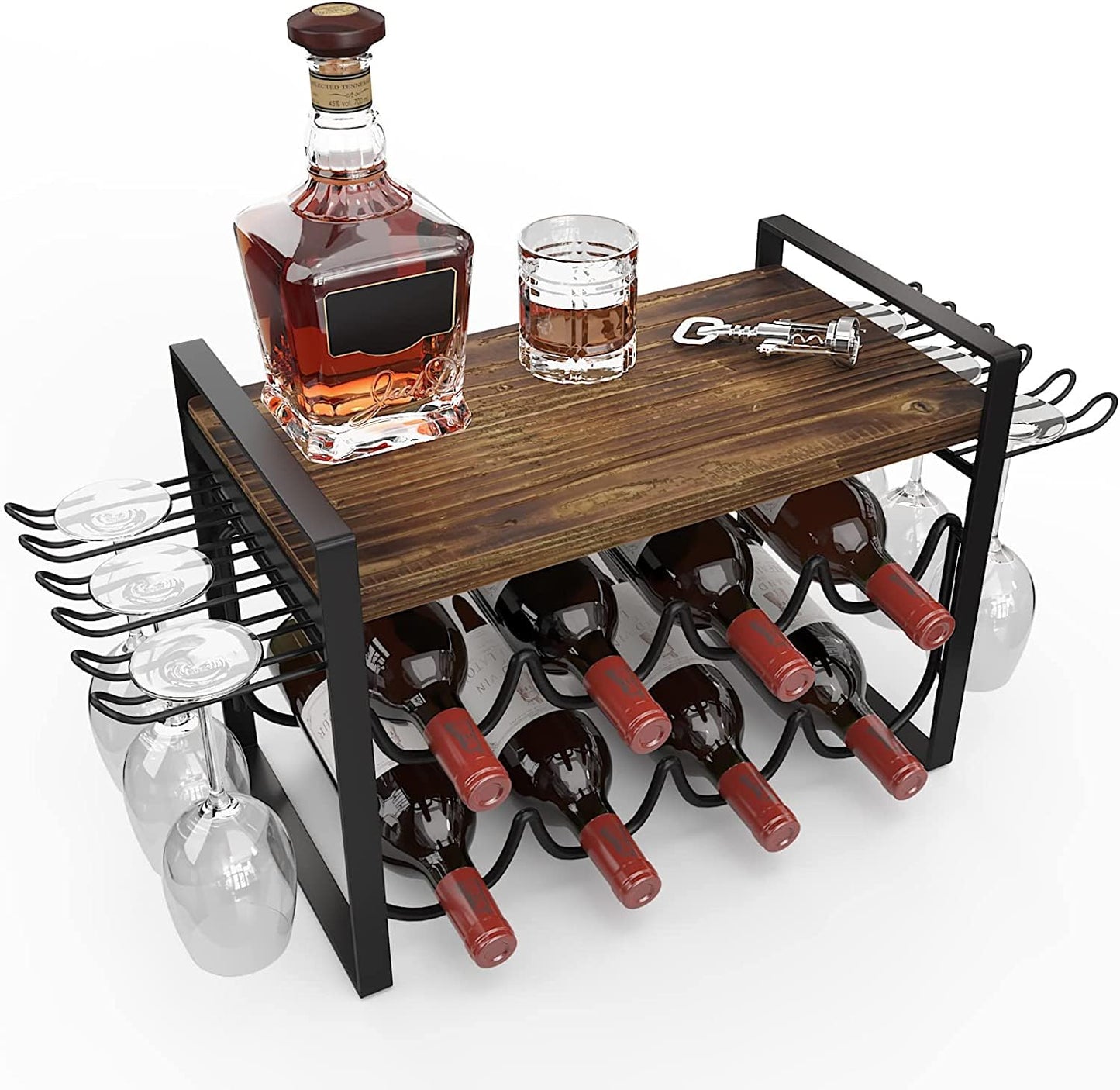JAFUSI Wine Rack for Countertop, Metal Tabletop Wine Holder, Natural Wood 8 Wine Bottles Storage Shelf Stand with Wood Tray 6 Glasses Hooks