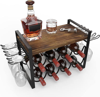 JAFUSI Wine Rack for Countertop, Metal Tabletop Wine Holder, Natural Wood 8 Wine Bottles Storage Shelf Stand with Wood Tray 6 Glasses Hooks