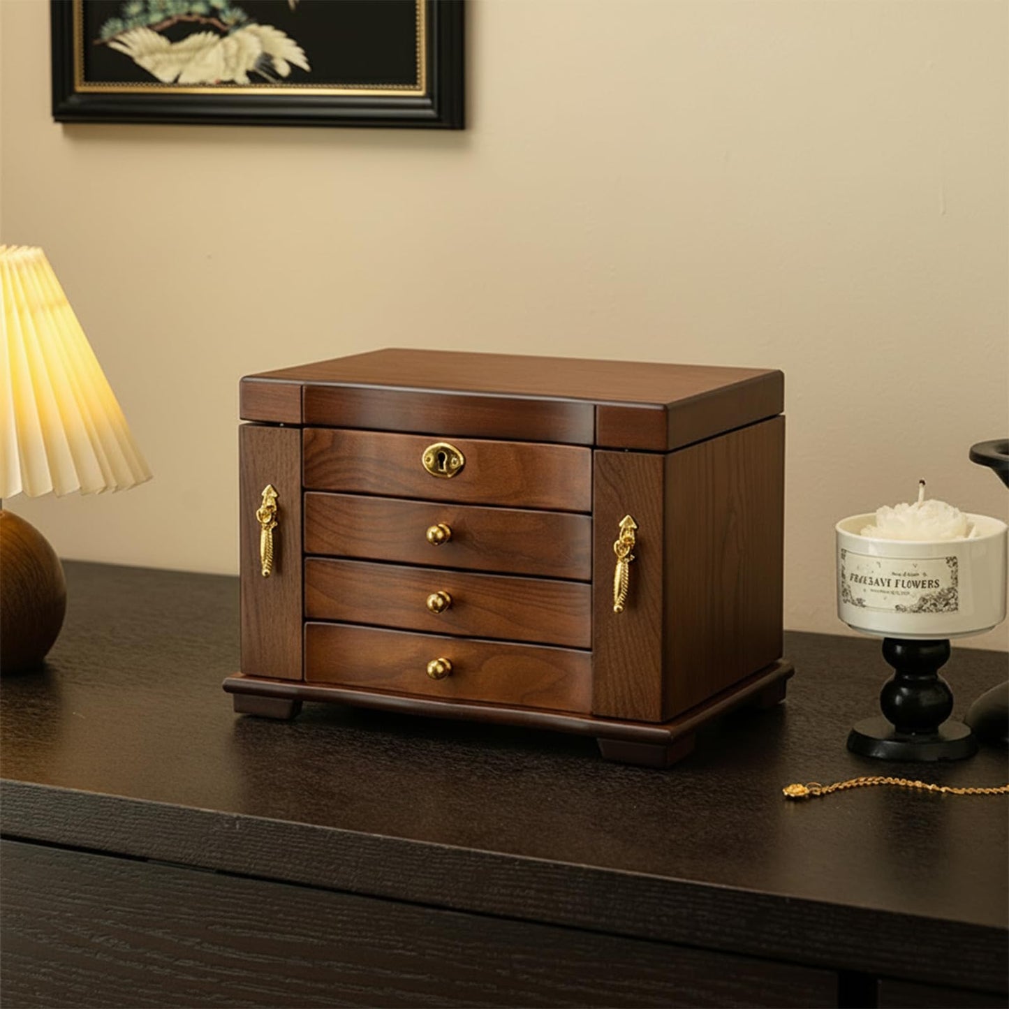 GuaziV Wooden Jewelry Box for Women – 4-Layer Jewelry Organizer with Mirror & Lock, Ring Holder, Necklace Hooks, Earring Board, Large Jewelry Storage Chest for Rings Earrings Necklaces Bracelets