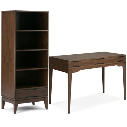 SIMPLIHOME Harper Desk and Bookcase Bundle - 48 inch Wide Solid Wood Mid Century Modern Desk with Drawers and 24 inch Wide 4-Shelf Bookcase in Walnut Brown, Home Office Furniture (Set of 2)