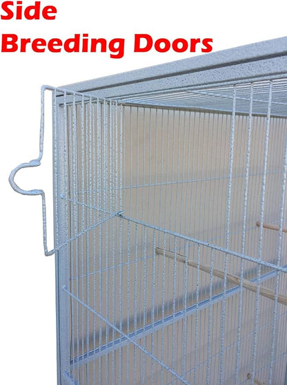 Extra Large Double Center Divider Birdhouse Treehouse Bird Flight Breeder Cage with Breeding Nest Box Doors Removable Rolling Stand (White Vein, 63" L x 19" W x 64" H)