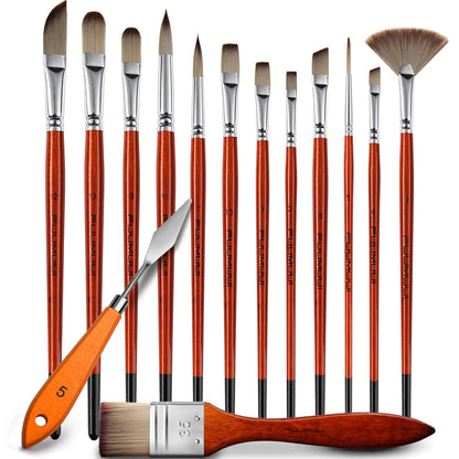 14pcs Acrylic Paint Brushes, Professional Synthetic Bristles Paint Brush Set with Extra Palette Knife - Flat, Filbert, Fan, Dagger, Round, Angle, Rigger Paint Brushes for Oil, Acrylic Canvas Paintings
