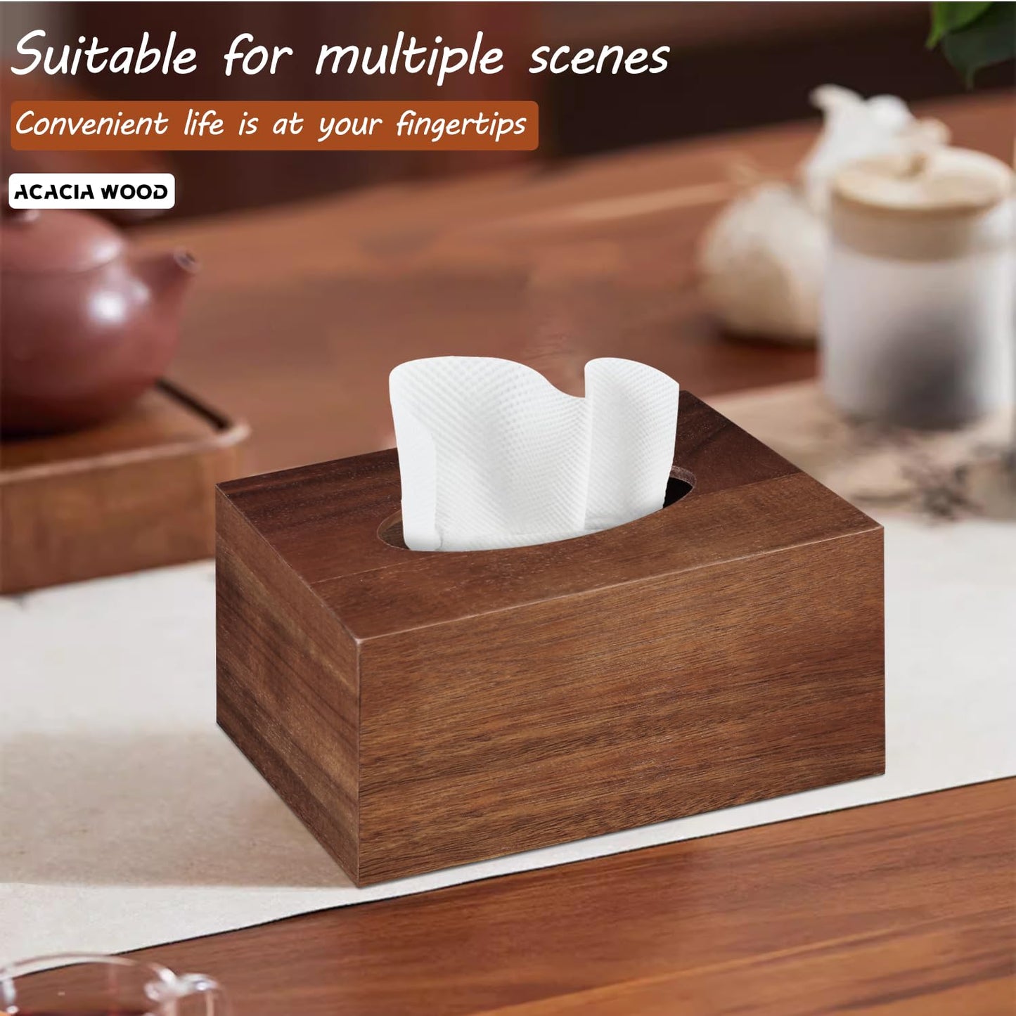 BIBELUN Tissue Box Cover, Acacia Wood Tissue Box Cover Rectangle with Slide-Out Bottom, Wooden Decorative Cube Facial Tissue Holder/Organizer/Dispenser for Bathroom, Office Desk & Bedroom Decor