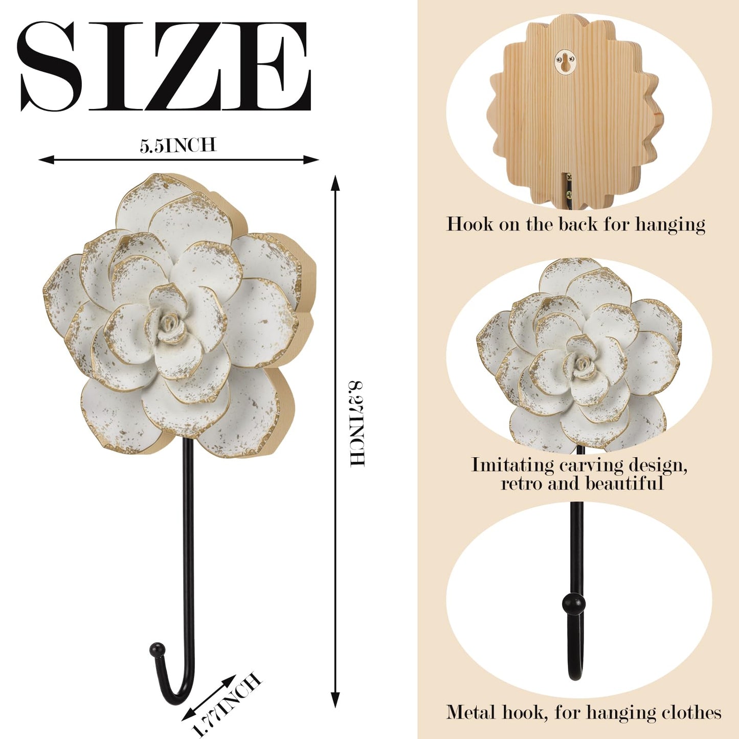 Bucherry 3 Pcs Large Decorative Flower Wall Hooks 8.27inch Boho Coat Hooks Decorative Hangers for Clothing Towels Bags Bathroom Home Decoration Warming Gifts