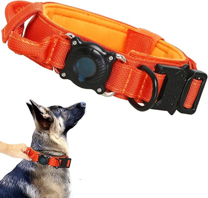 Upgraded AirTag Dog Collar,Waterproof Tactical Dog Collar with AirTag Holder, Control Handle and Metal Buckle,Heavy Duty Dog Collars for Large Dogs(Orange，XL