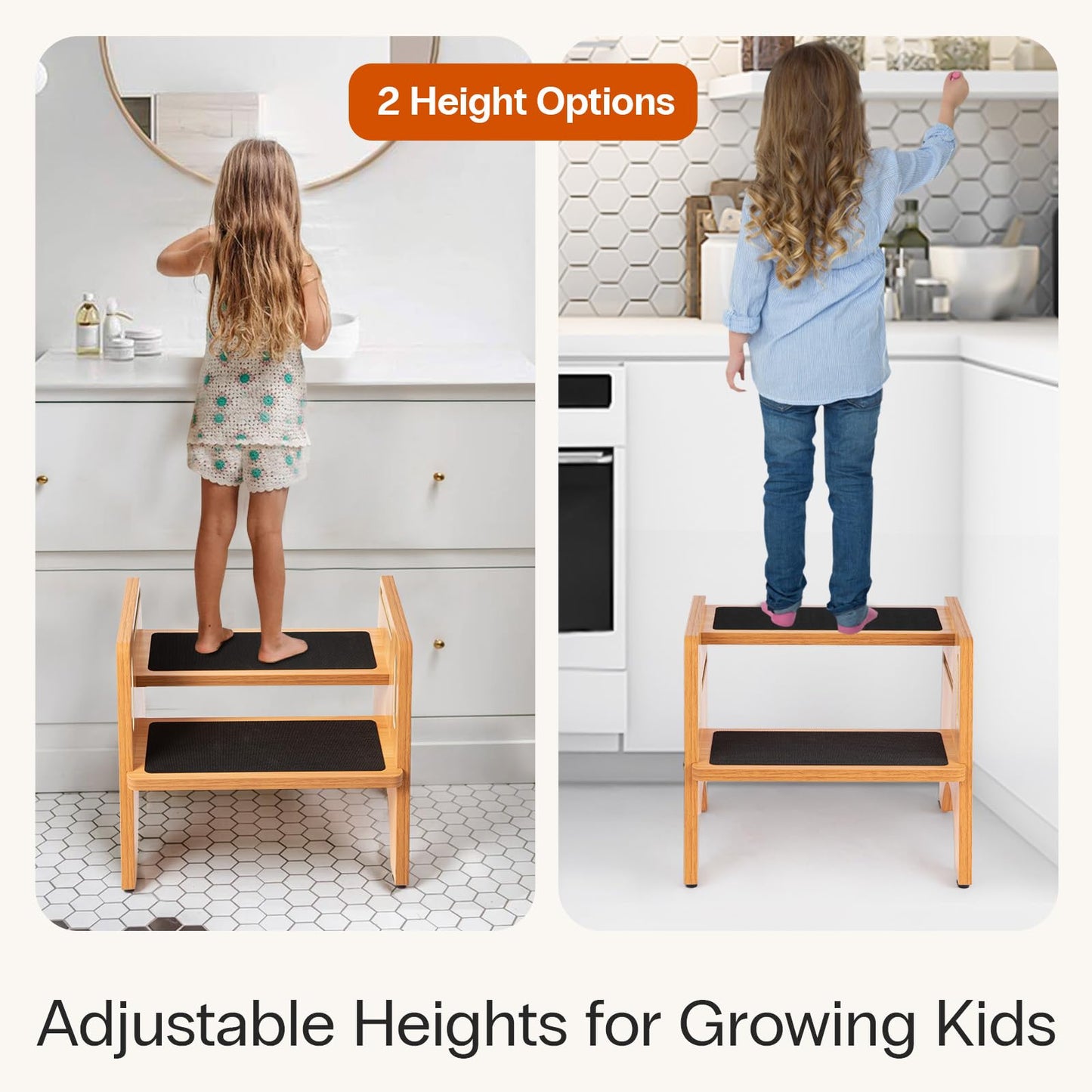 StrongTek Wooden Step Stool, 15" Dual Height Step Stools, Easy to Clean, Potty Training Stool with Handles, 300 lbs Capacity for Bathroom Sink, Kitchen, Bedroom
