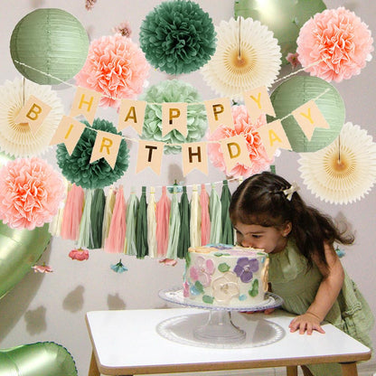 Sage Green and Peach Birthday Decorations Boho Beige Peach and Olive Green Birthday Decorations for Women Girls Cream Fans Pom Poms Sage Olive Pink Cream Tassel Garland Party with Banner Beige Gold