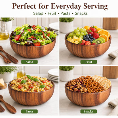 TNCANJU Acacia Wood Salad Bowl Set with Serving Utensils, 9 Inch Wooden Serving Bowl with Salad Fork and Tongs, One-Piece Glue-Free Crack Resistant Bowl for Salad, Fruit, Pasta and Snacks