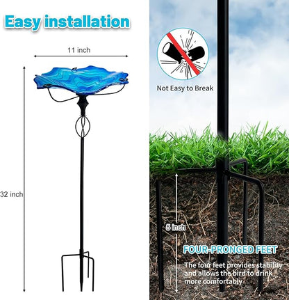 HONGLAND Bird Baths for Outside,11" Small Blue Glass Birdbaths Outdoor,Detachable Bird Feeder with Metal Stake for Garden Yard Patio Decor,32" Height