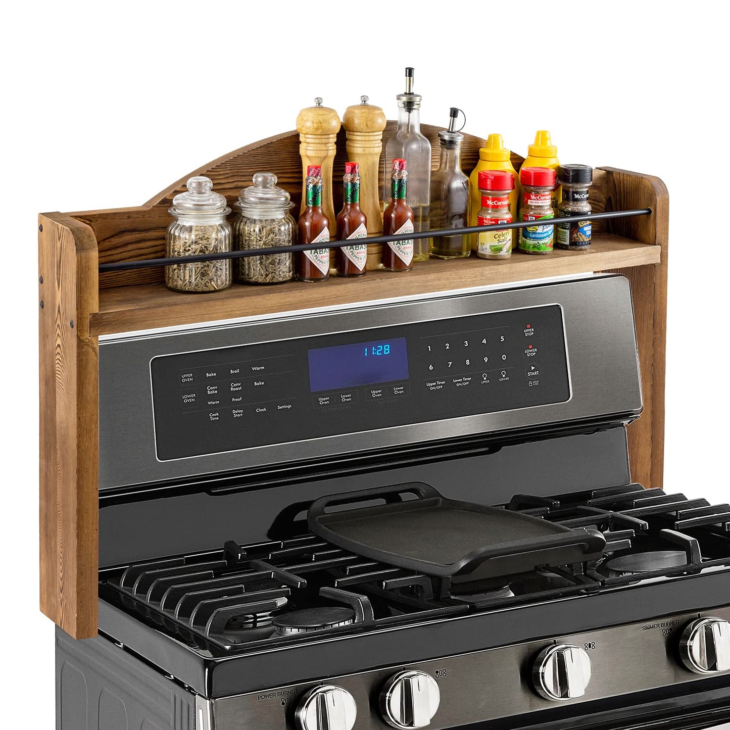 MyGift 33 Inch Deluxe Rustic Burnt Solid Wood and Black Metal Wire Bar Stove Top Spice Rack, Space Saving Over The Oven Range Stovetop Storage Display Shelf