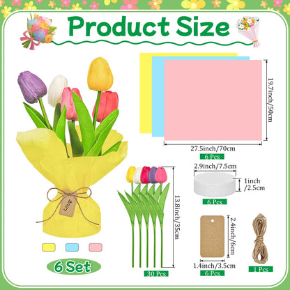 Cinrobiye 6 Set End of School Year Tulip DIY Bouquet Kit Last Day of School Teacher Appreciation Gift Artificial Flower Craft Set with Wrapping Paper Cards Spring Table Centerpieces Decor