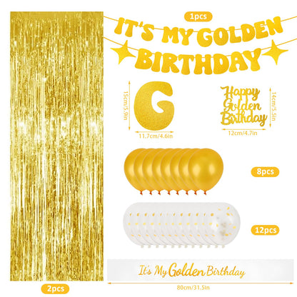 Golden Birthday Party Decorations PremiumIt’s My Golden Birthday Sash & Banner, Gold Cake Topper, Fringe Curtains, Balloons for Adult Women Men Party Supplies