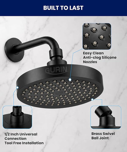 GURIN Shower Head - Powerful High Pressure Rain Shower Head 6 Inch - Luxury Rainfall Showerhead with Adjustable Angles, 90 Anti-Clog Nozzles, Tool-Free 1-Min Install, Premium Matte Black Finish