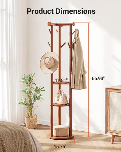 Pipishell Coat Rack Freestanding, Rolling Pine Wood Coat Tree with Wheels, 9 Hooks, T-Shaped Top & 3-Tier Shelves for Entryway, Hallway, Bedroom, Hall Tree for Coats, Bags, Hats & Scarves