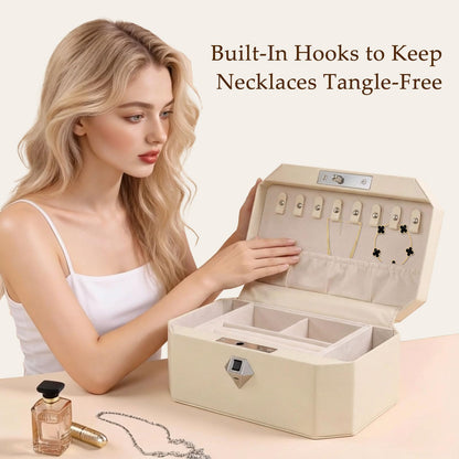 XPEDITION Biometric Fingerprint Lock Jewelry Safe Leather-Wrapped Two-Tier Jewelry Box with Quick Access & Keyless Entry, Perfect for Home Use