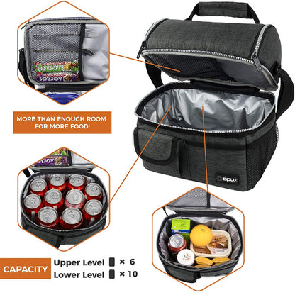 opux Insulated Lunch Bag Women Men, Dual Compartment Leakproof Lunch Box Adults Kids, Double Decker Meal Prep Bento Lunch Cooler Tote with Shoulder Strap for Work Office School Travel, Dark Gray