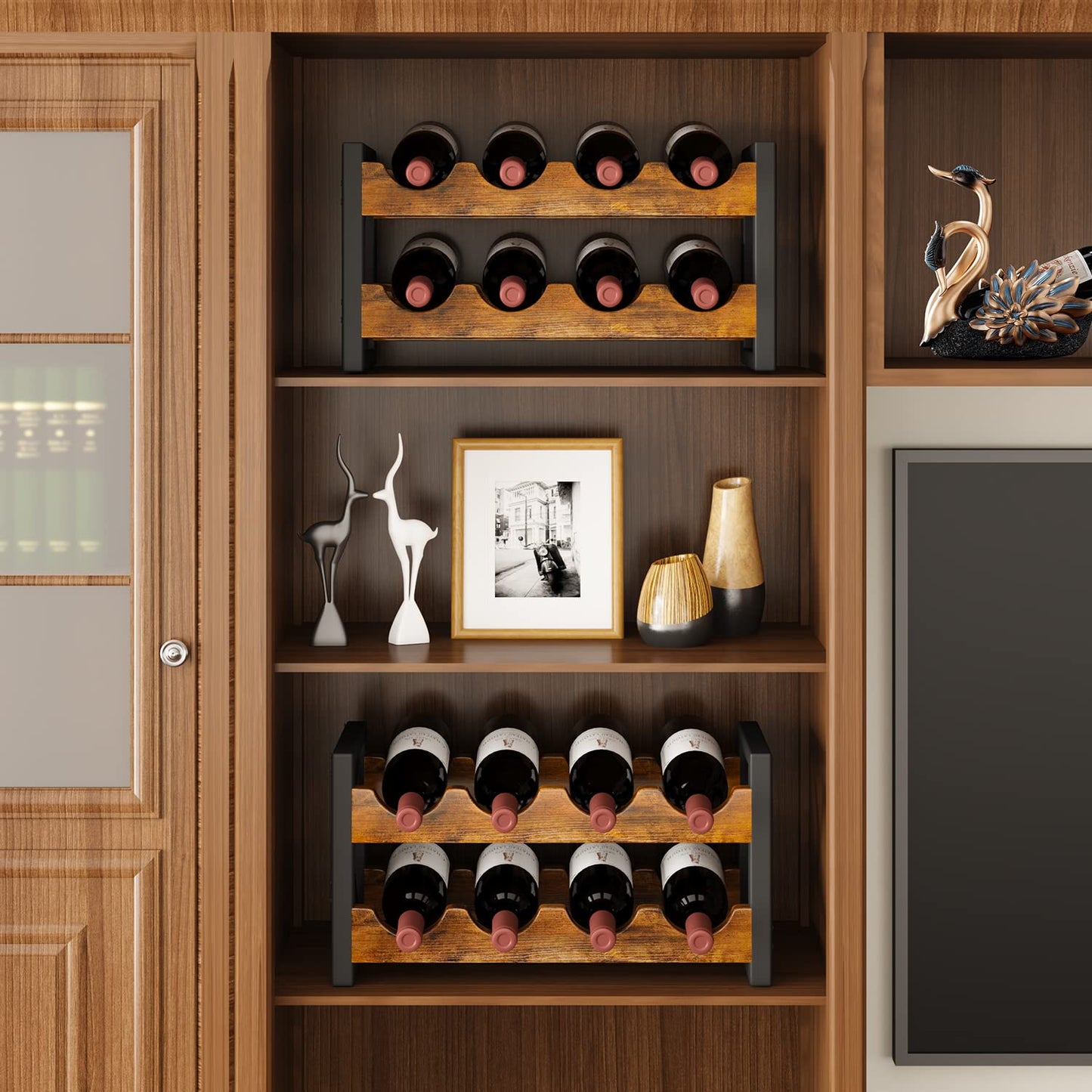 Homeiju 2-in-1 Wine Rack Countertop, Small Wine Rack Organizer Holder, Wooden Wine Rack Inserts for Cabinet, Stackable Wine Rack for Kitchen,Home Bar