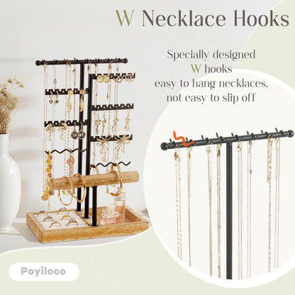Poyilooo Earring Holder Jewelry Stand, 3 Tier Jewelry Organizer with Ring Holder Tray for Necklace Earring Keychains Bracelet Rings Display Jewelry Tree Stand (Carbonized Brown)