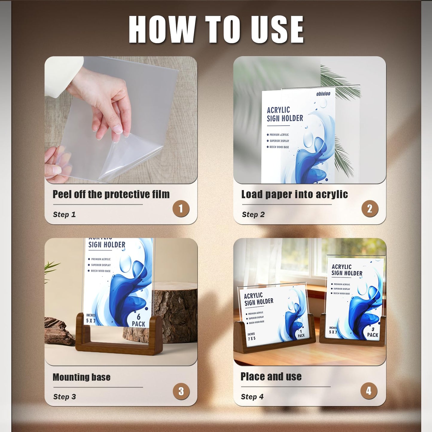 Walnut Wood U-Base 5"x7"Sign Holder Set – Premium U-Shaped Tabletop Display Stand with Clear Acrylic Panels,4Pack (3 Vertical + 1 Horizontal)5*7inches – Ideal for Photo, Menu, QR Code, Café, Home Décor