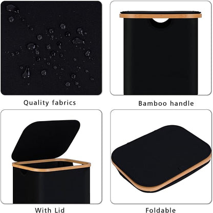 100L Laundry Hamper with Lid, Lagre Basket with Bamboo Handles, Foldable