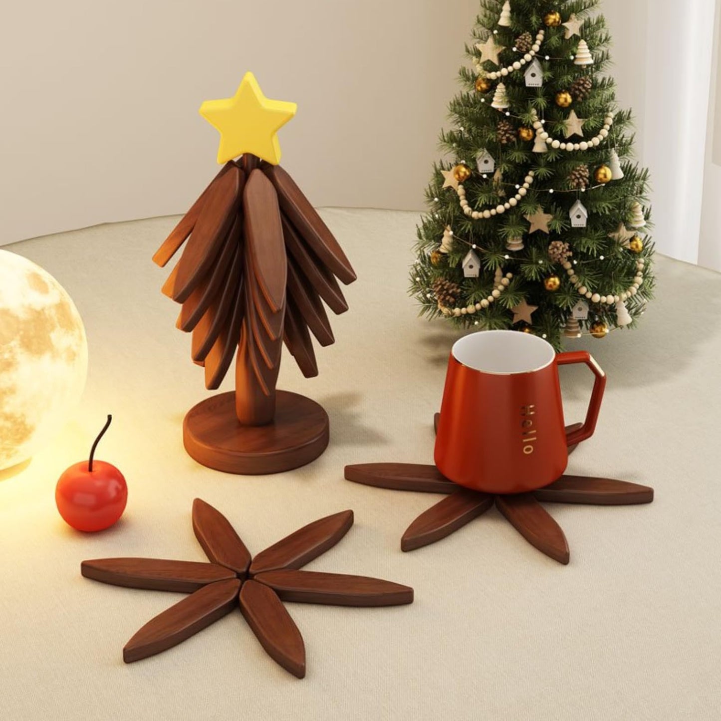 Trivets for Hot Dishes, Upgraded Foldable Wooden Coaster Set Walnut Wood Christmas Tree Trivet Stand Home Decoration for Hot Pots Bowl and Pan (4 Trivets)