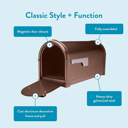 Architectural Mailboxes Hillsborough Post Mount Mailbox, Copper, Large | Galvanized steel build for outside with rust-resistant powder-coat finish and a magnetic door closure. USPS approved.
