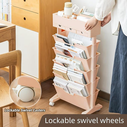 5 Tier Rolling Book Cart Multi-Functional Movable Storage Bookshelves with Lockable Wheels for Study Office Library Classroom, (Pink, with Wheel)