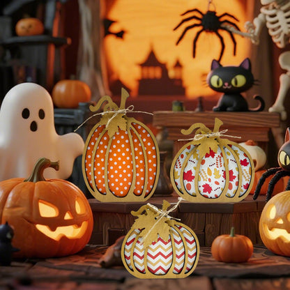 EMINGSKY Fall Decor 3PCS Wooden Pumpkin - Autumn Farmhouse Self Sitters, Small Decor for Home Shelf Table Tiered Tray Mantel Office