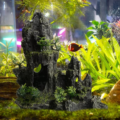 Saim Large Aquarium Mountain View Stone 11.02" Tall Resin Cave Ornament – Betta Hideout with Artificial Plants, for Cichlids Goldfish, Multi-Cave Aquascape Fish Tank Accessories