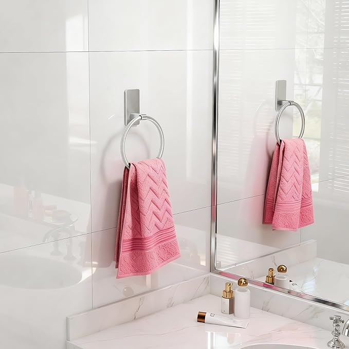 STWWO Brushed Nickel Towel Ring, Hand Towel Holder for Bathroom, Self Adhesive Hand Towel Rings for Bath, RV, No Drill Hole, 2 Pack