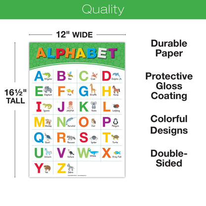 Global Printed Products, 20 Large Educational Posters For Kids (16.5x12 Double Sided English/Spanish) Alphabet Colors Letters Numbers Shapes Months Days Weather Time Animals Solar System Seasons Map