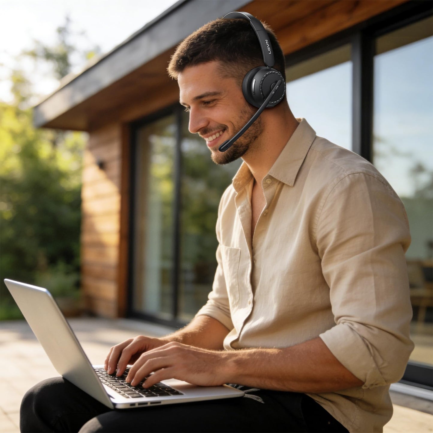 LEVN Wireless Headset, Wireless Headset with Mic for Work, AI Noise Cancelling, 65 Hrs Working Time, Bluetooth Headphones with Microphone from Computer/Call Center/Teams