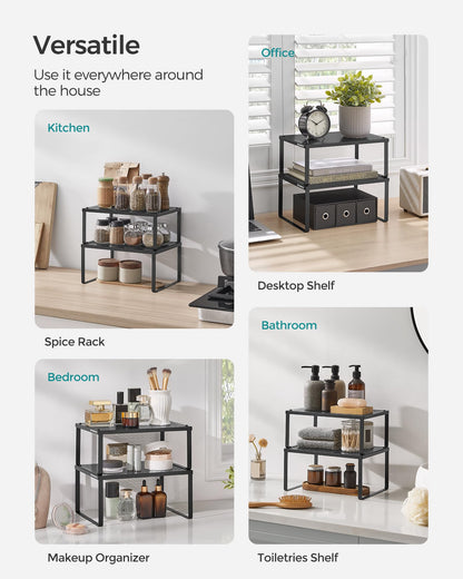 SONGMICS Spice Racks, Set of 2 Metal Cabinet Shelf Organizers, Countertop Organizers, Shelf Risers, Stackable, Expandable, Silver UKCS01SV