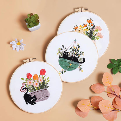 RidaaFri Embroidery Kit for Beginners, Set of 3 Stamped DIY Kits with Cat, Floral, Plant Patterns for Adults, Includes Hoop, Needles, Floss, Step-by-Step Video Tutorial, Complete Sewing Craft Supplies