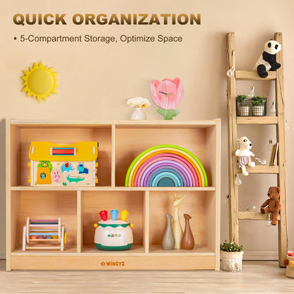 WINGYZ Wood Storage Shelf Organizer, 35.4" L, 5-Section Montessori Kids Toy & Book Shelf, Wooden Cabinet for Kids Rooms, Playroom, Classroom, Nursery, Preschool Furniture - Nature