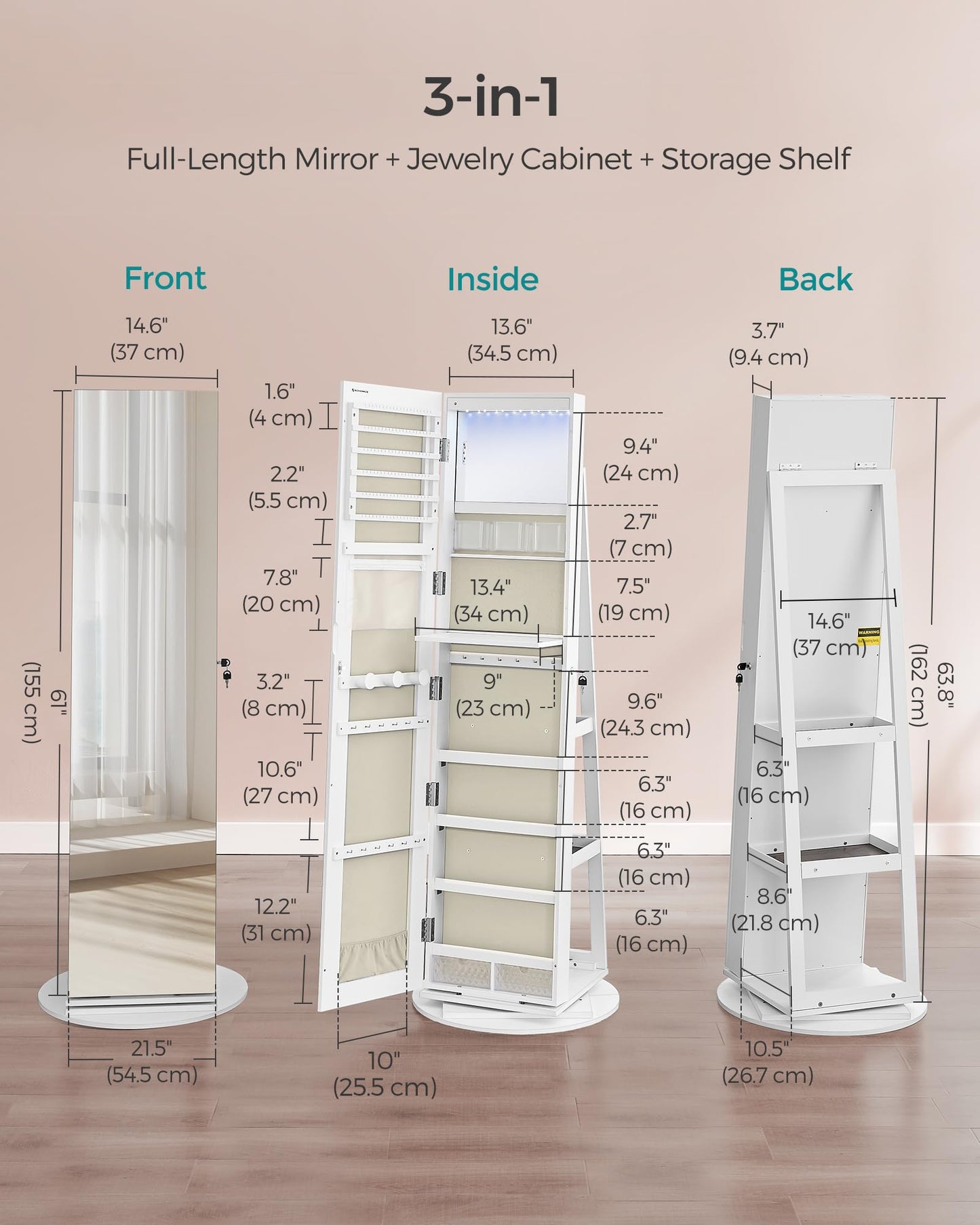 SONGMICS 6 LEDs Lockable Mirror Jewelry Cabinet, 360° Swivel Jewelry Organizer Armoire Standing, Frameless Full-Length Mirror, 3 Storage Shelves, White Surface, Greige Lining UJJC007W02V1