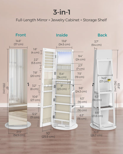 SONGMICS 6 LEDs Lockable Mirror Jewelry Cabinet, 360° Swivel Jewelry Organizer Armoire Standing, Frameless Full-Length Mirror, 3 Storage Shelves, White Surface, Greige Lining UJJC007W02V1