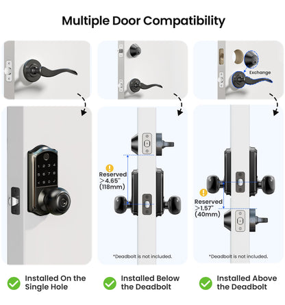 Veise VE018 Smart Knob Handle Lock - Fingerprint, App Control, Keyless Entry for Front Door and Bedroom, Electronic Digital Keypad, Auto Lock, Remote Access Sharing, IP55 Weatherproof, Matte Black