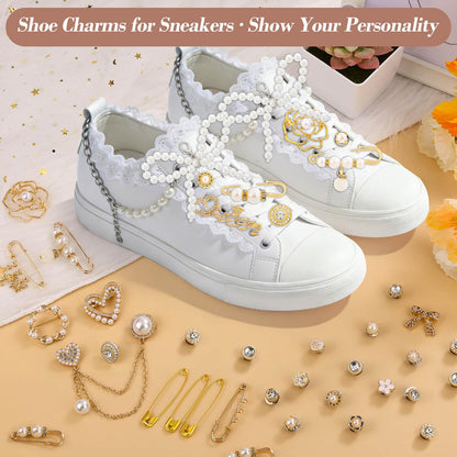 Tetutor 389 pcs Shoe Charms for Sneakers, Junk Socks Charms Kit, Pearl and Rhinestone Shoelace Charm with Brooches and Pins for Women, DIY Accessories for Decorating and Personalizing Socks