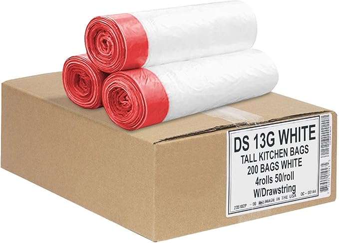 Aluf Plastics Tall Kitchen 13 Gallon Drawstring Trash Bags 0.9 MIL