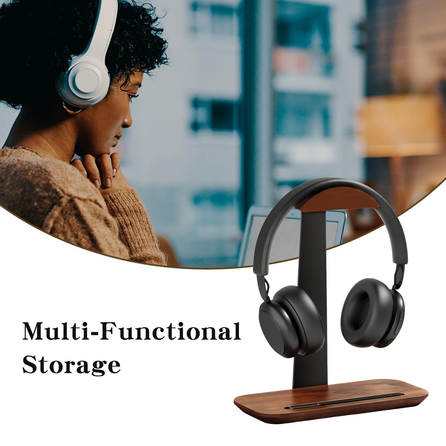 ZHIYUEJING Walnut Wood Headphone Stand,Headphone Rack with Storage Base Plate,Headphones Holder for Study Rooms,Gaming Spaces,Desktop,Office