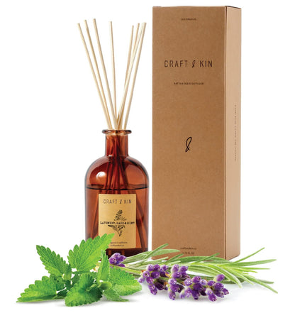 Craft & Kin Sage, Mint & Lavender Reed Diffuser | All Natural Essential Oil & 8 Rattan Scent Sticks | Reed Diffusers for Home, Bathroom | Long Lasting Home Fragrance in Amber Glass, 5.75oz