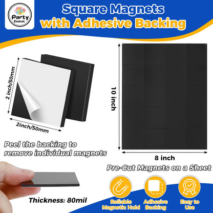 Party Zealot 120 Pcs 2 Inch Square Magnets with Adhesive Backing, 80 mil Magnetic Squares Sheets, Precut Sticky Magnets for DIY Crafts Projects Whiteboard Fridge, Organization, Magnetic Strips