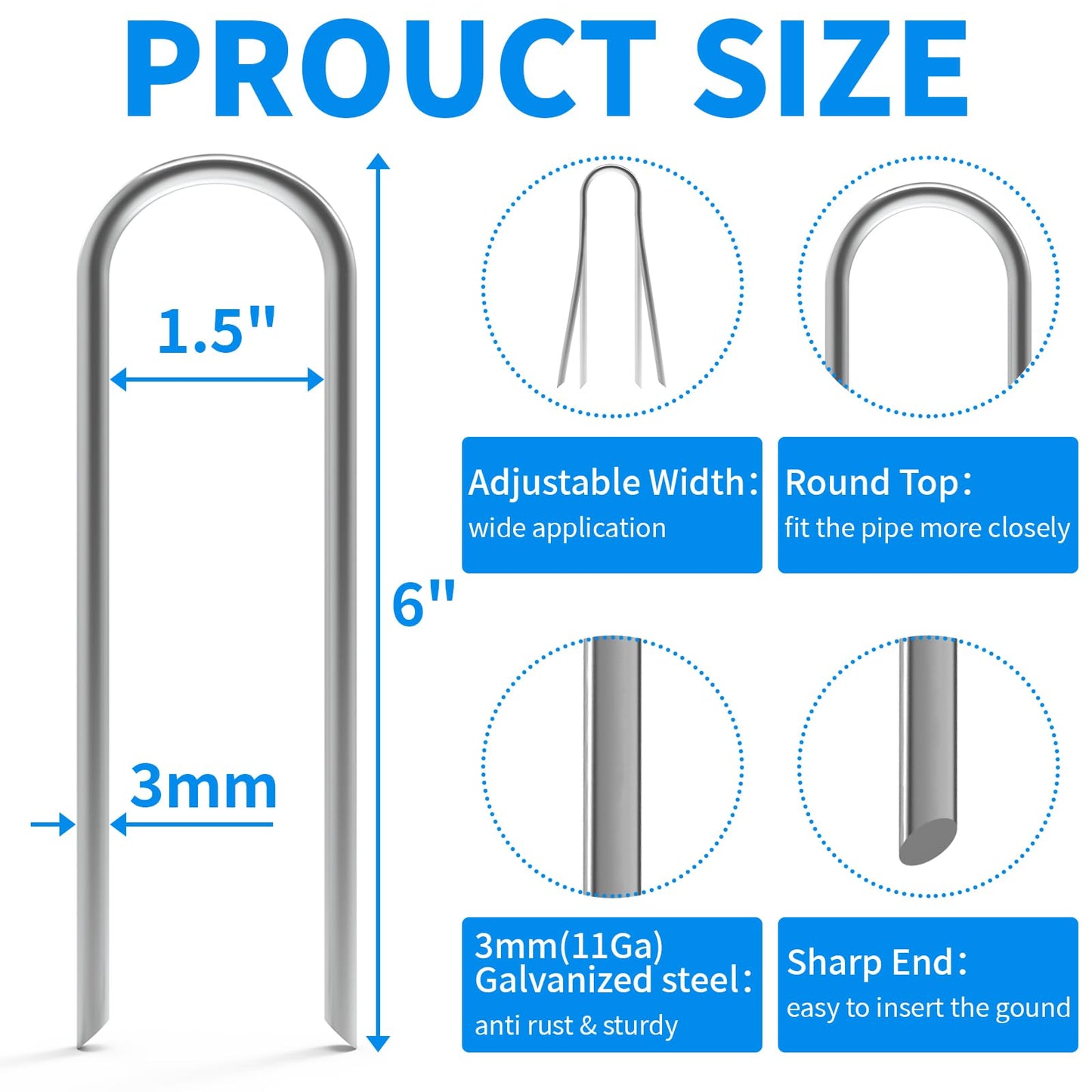 MySit 6 Inch 150 Pack U Shaped Garden Stakes, Heavy Duty 11 Gauge Galvanized Drip Irrigation Stakes Landscape Staples for 1/2" to 1-1/2" Soaker Hose, Weed Barrier, Yard Decorations, Fencing